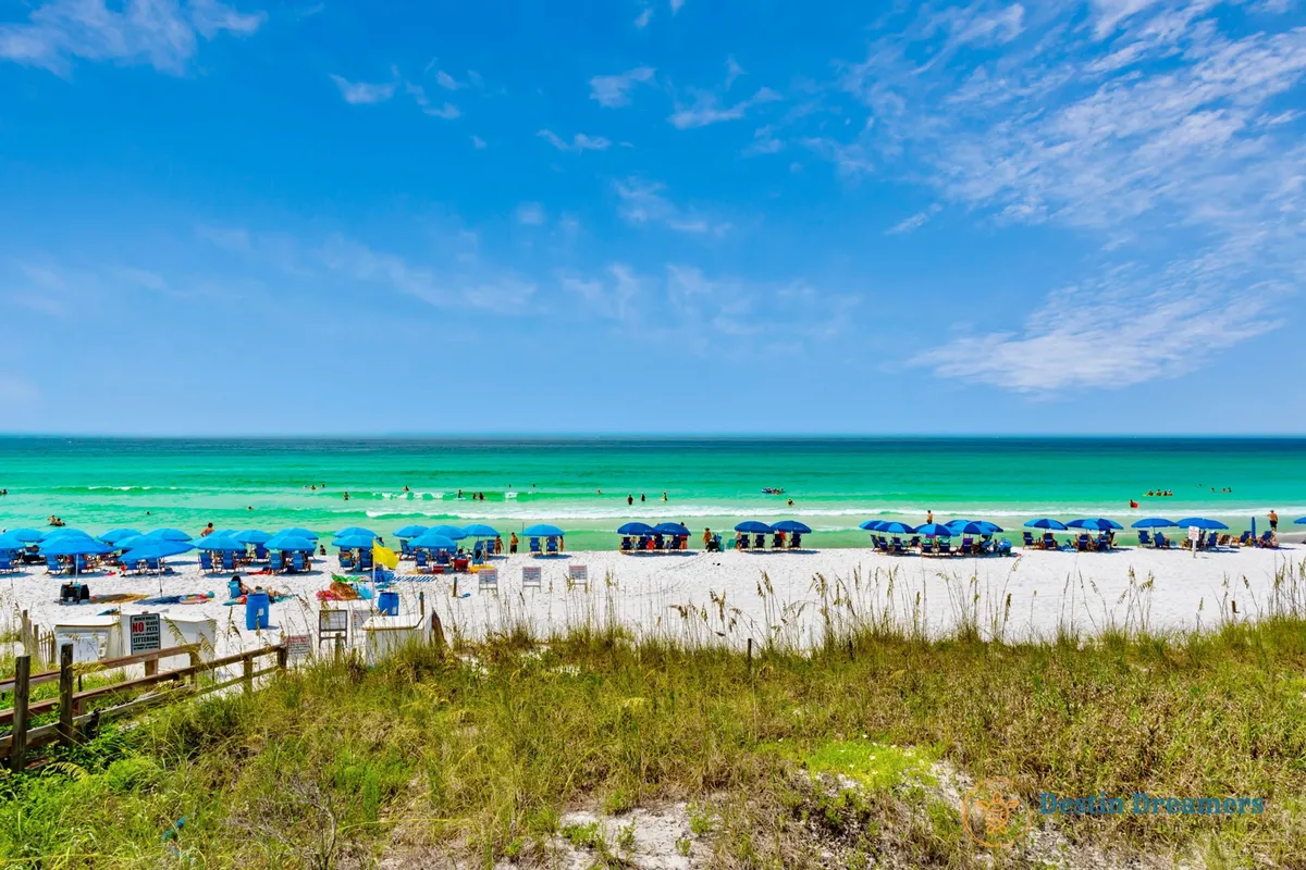 A white sandy beach lined with blue umbrellas and lounge chairs, turquoise Gulf waters, and people enjoying the sun and water. Natural dune grass and a wooden fence add to the sense of seclusion and natural beauty.